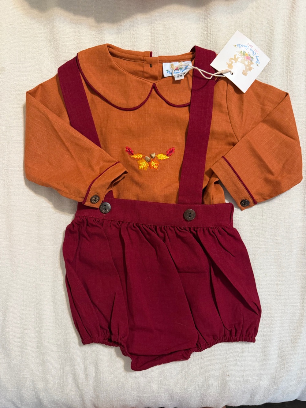Baby Boy’s Smocked Orange & Burgundy Embroidered Pinafore Shortalls